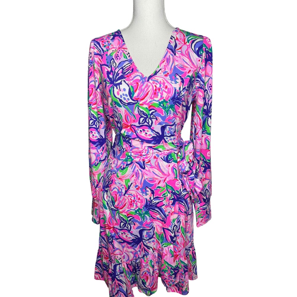 Lilly Pulitzer Florita‎ Dress Isn't She Lilly Long Sleeve Ruffle Hem V-Neck M